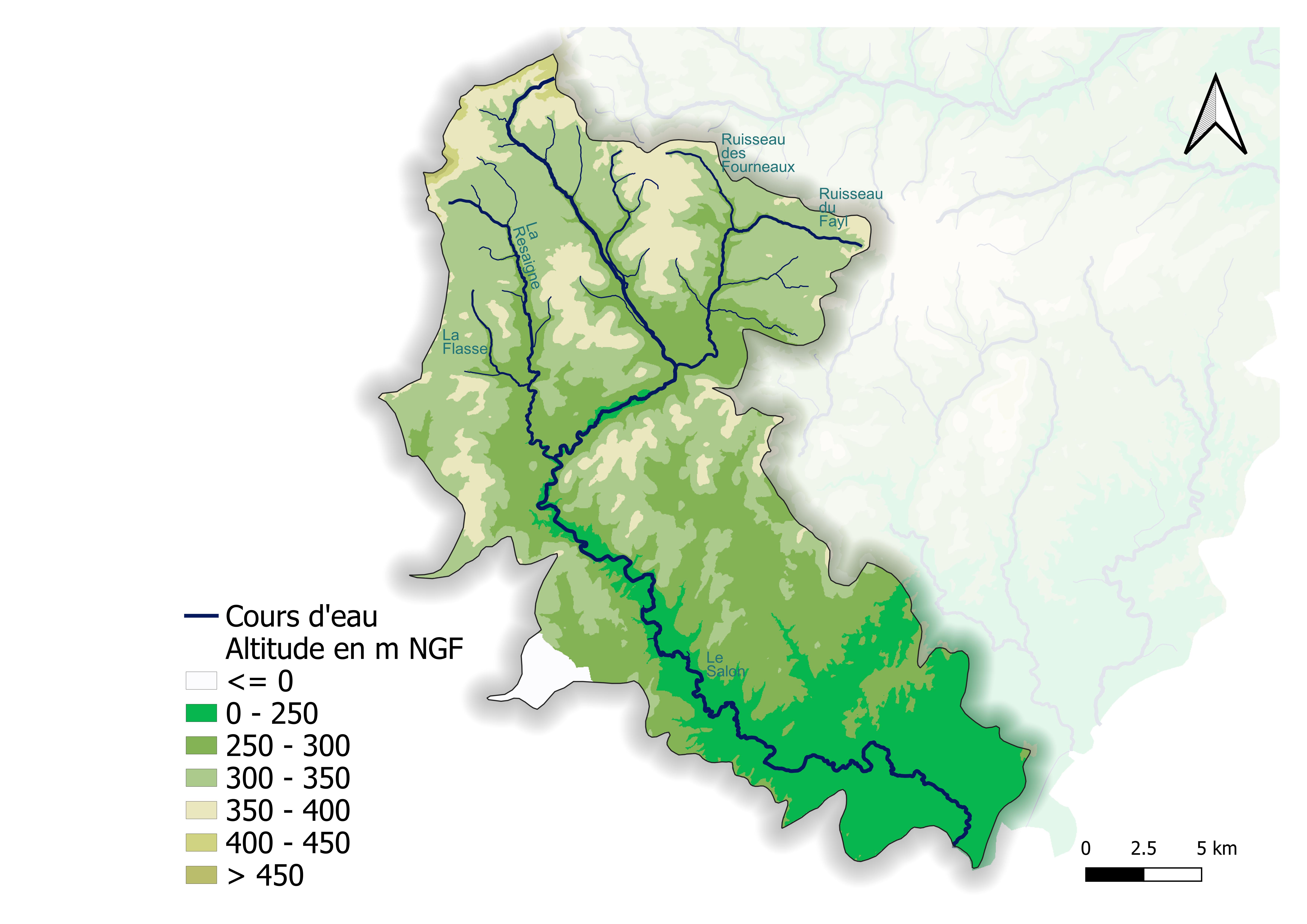 Carte de l'altitude et des principaux cours d'eau du bassin versant du Salon