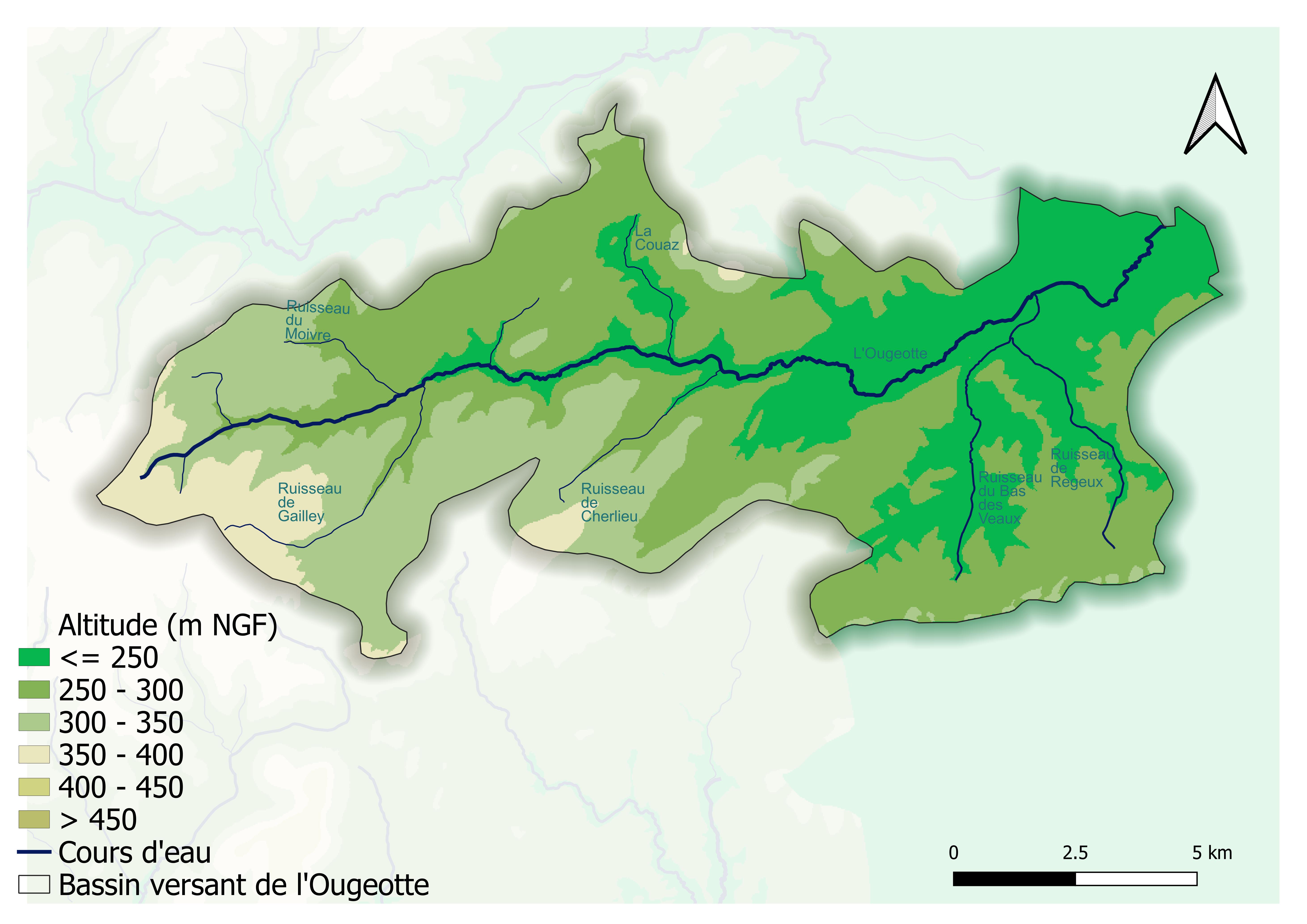 Carte des altitudes et des principaux cours d'eau du bassin versant de l'Ougeotte