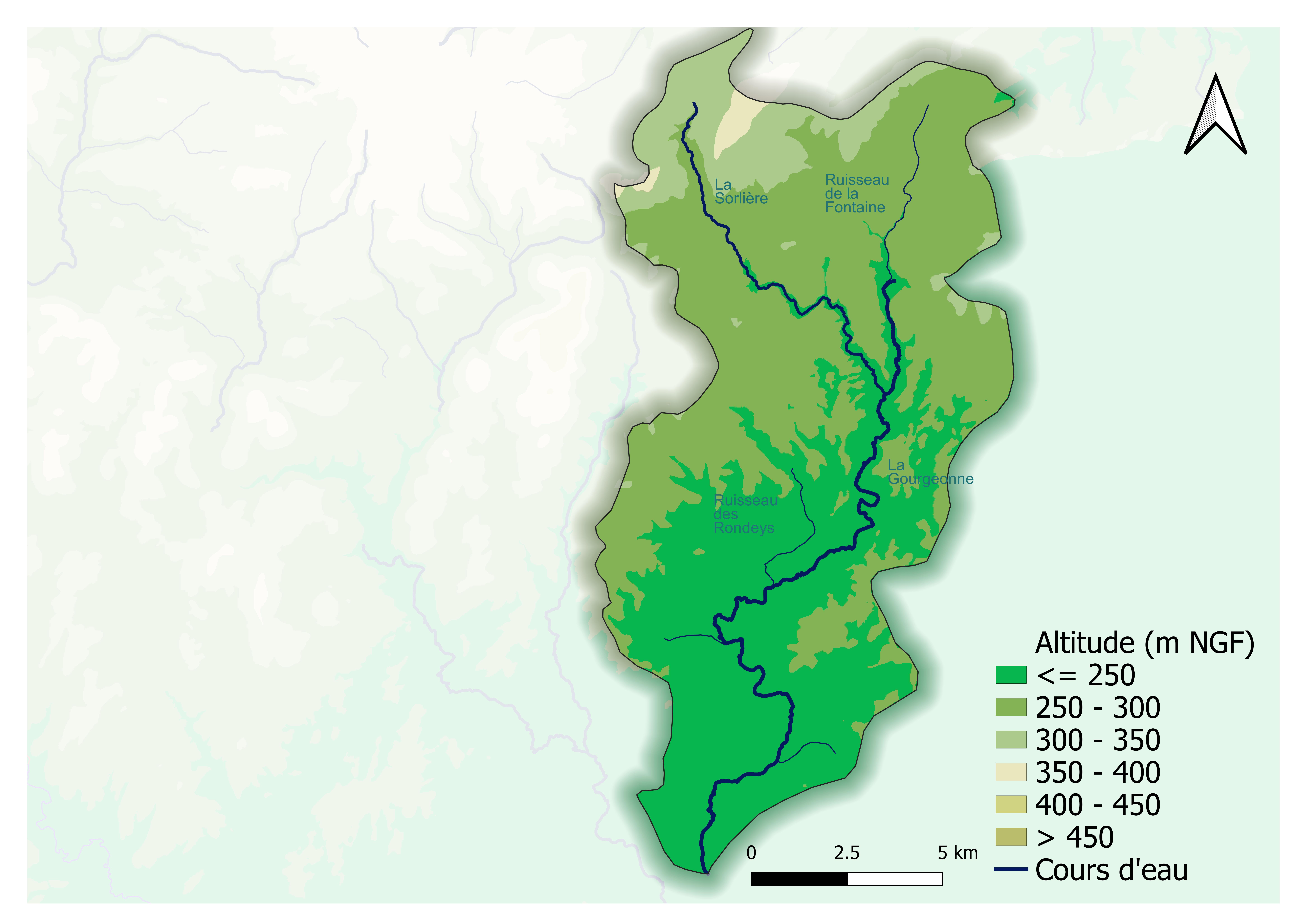 Altitude et rivières du bassin versant de la Gourgeonne