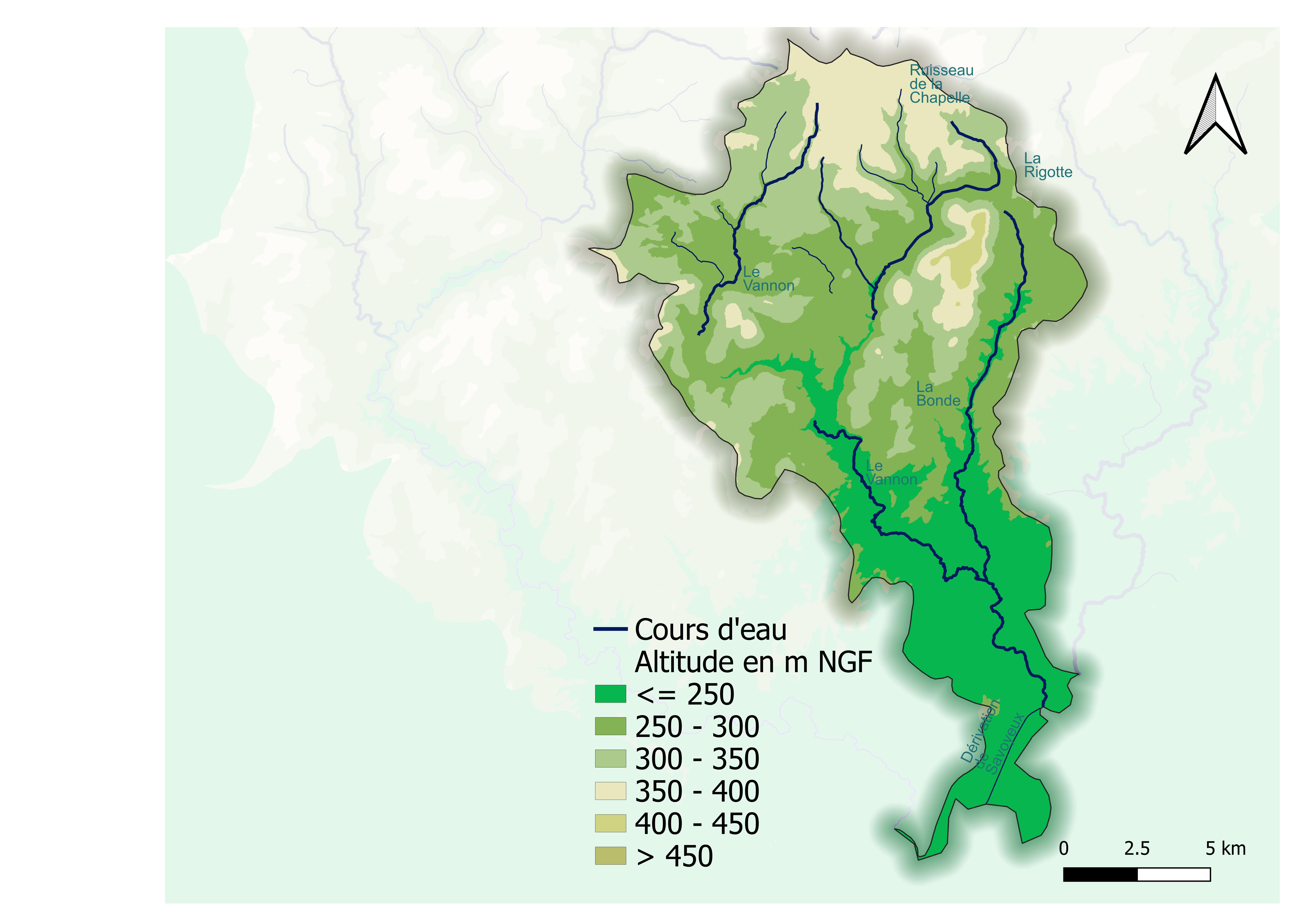 Carte des altitudes et des cours d'eau du bassin versant du Vannon