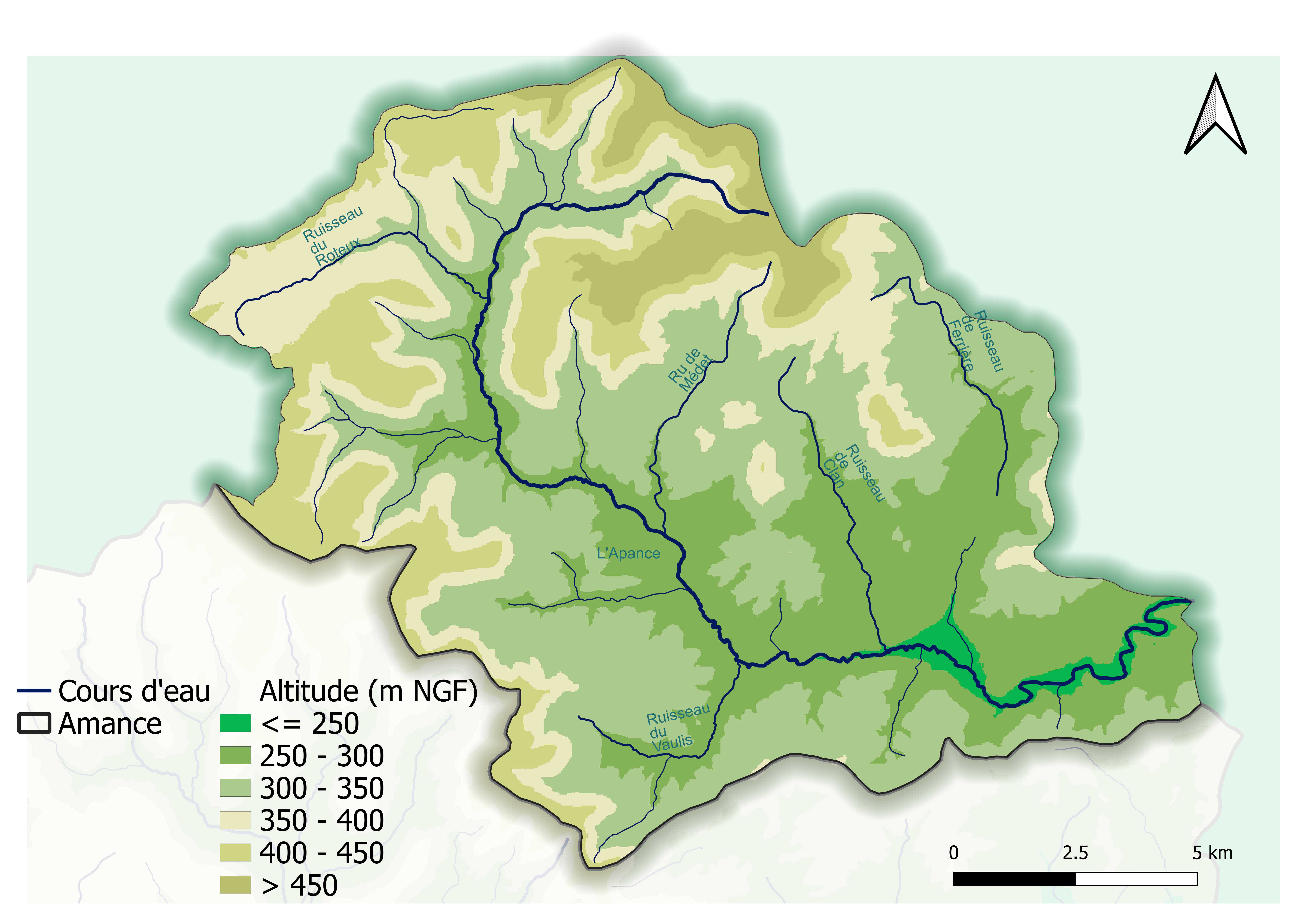 Carte montrant l'altitude et les rivières du bassin versant de l'Apance